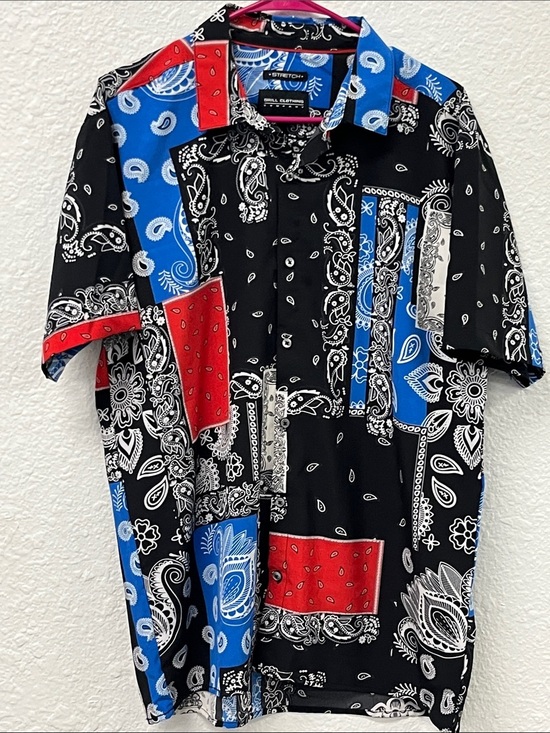 Drill Clothing Company Other - Bandana Patchwork Short Sleeve Button-Down Shirt - Black/Blue/Red. #1068